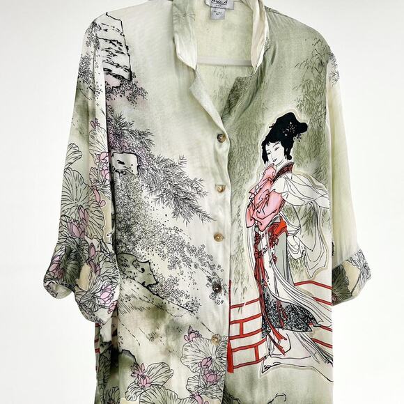Oriental Japanese Print Vintage Silk Top - Picture 2 of 5